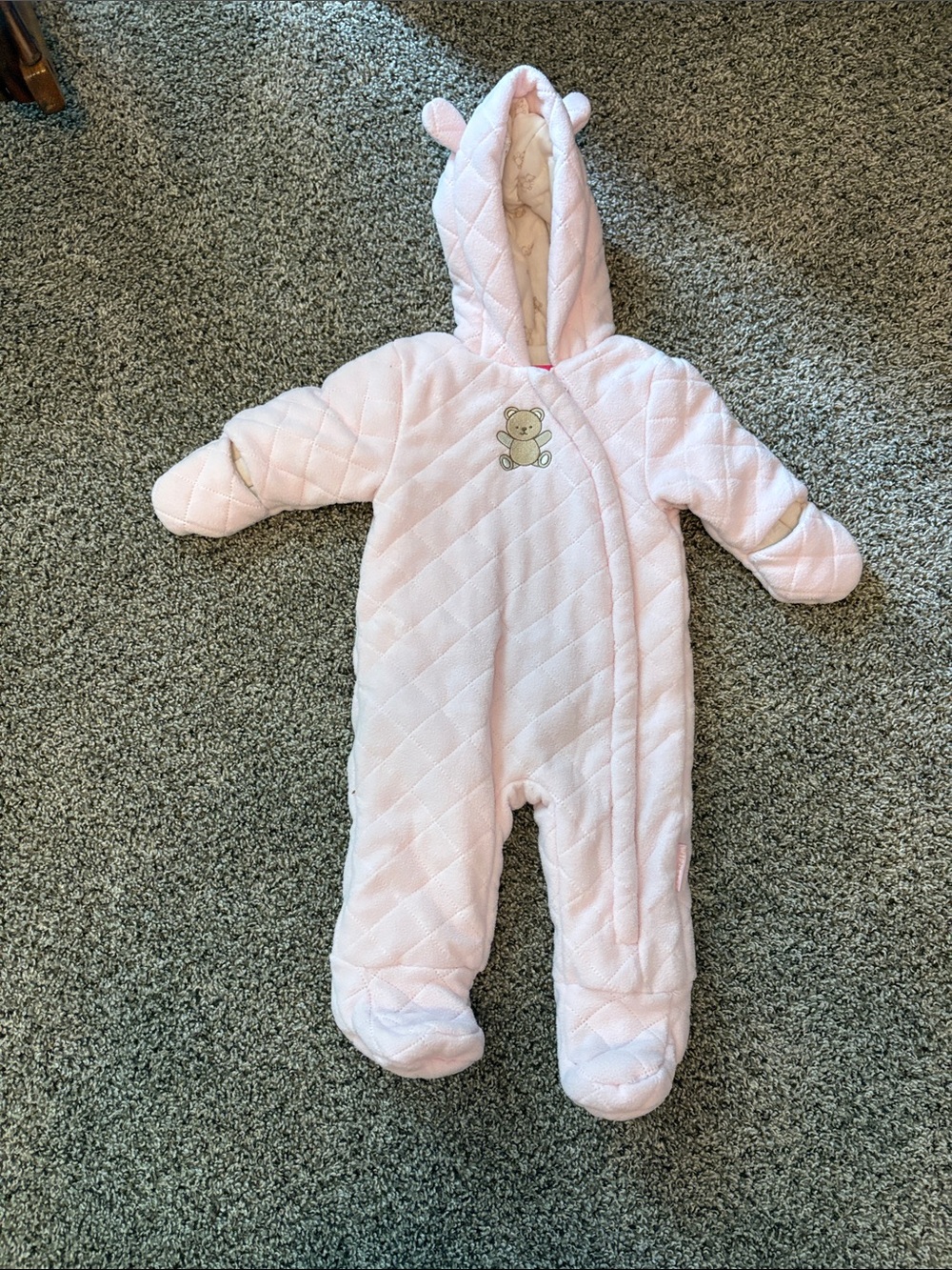 Quilted Pink Hooded Baby One-Piece with Bear Accent